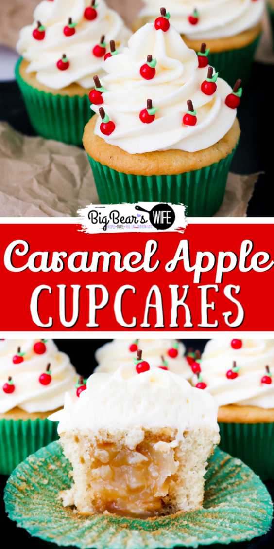 These super cute Caramel Apple Back to School Cupcakes are filled with caramel apple pie filling and decorated with the cutest little apples!  via @bigbearswife