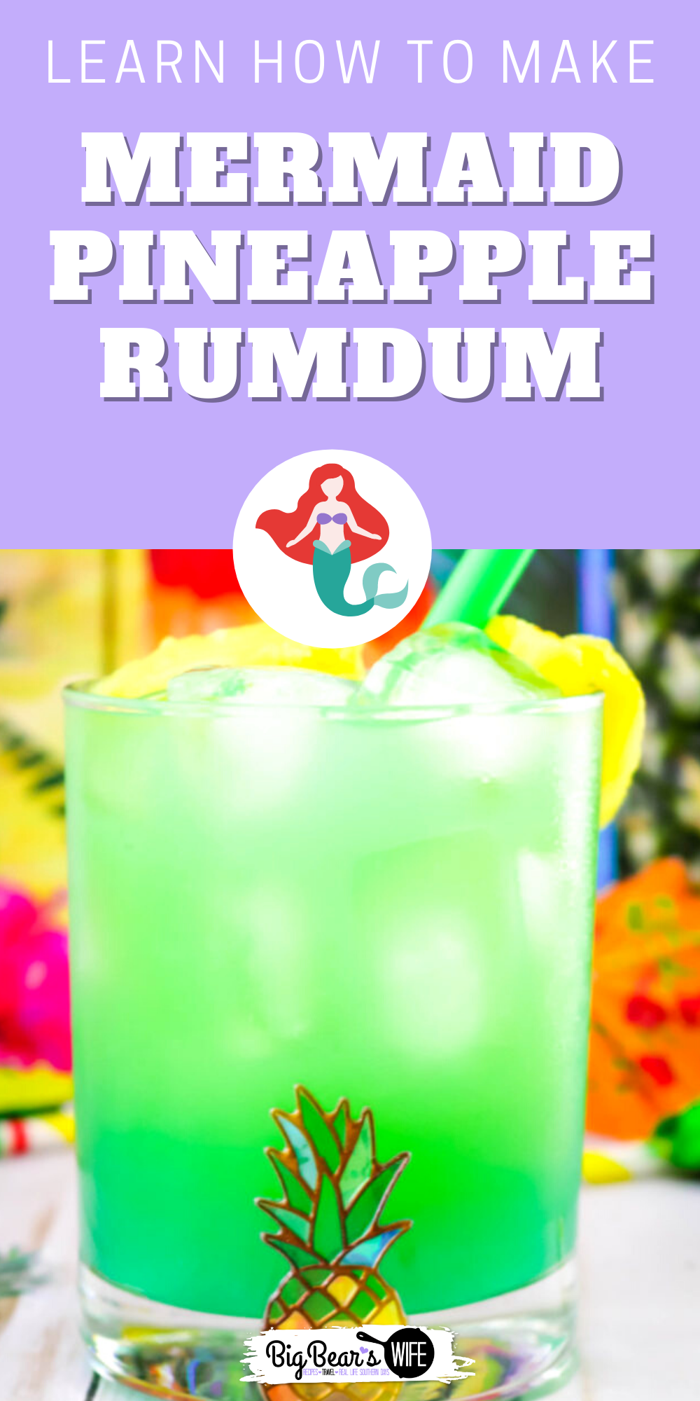 This Mermaid Pineapple RumDum will make you feel like you're hanging out on the beach and after a few you might feel like you're swimming with mermaids! It's got pineapple rum and vanilla rum mixed plus it's topped with extra pineapple! For an extra kick, soak the pineapple pieces in rum for a few days beforehand!  via @bigbearswife