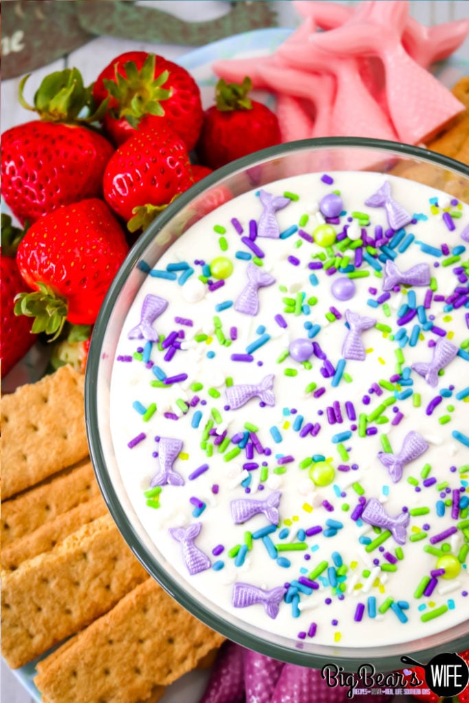 Mermaid Cheesecake Marshmallow Dip - Having a sweet summer party this year or looking for ideas for a Mermaid Party? This Mermaid Cheesecake Marshmallow Dip is perfect for fruit, cookies, pretzels and chocolate mermaid tails! All of the Mermaid lovers in your life will love this sweet treat!  
