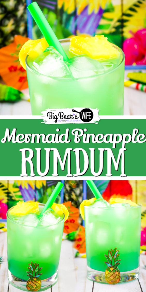 Mermaid Pineapple RumDum - This Mermaid Pineapple RumDum will make you feel like you're hanging out on the beach! It's got pineapple rum and vanilla rum mixed plus it's topped with extra pineapple! For an extra kick, soak the pineapple pieces in rum for a few days beforehand!  via @bigbearswife