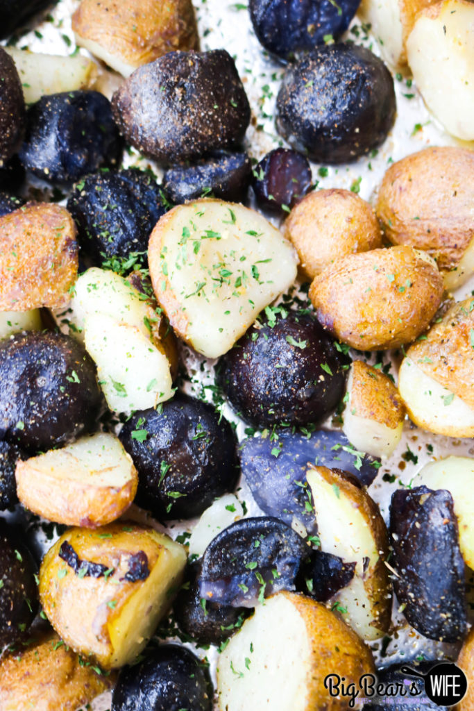 Baby Purple Potatoes and Baby Russet Roasted Potatoes - These roasted potatoes are crispy on the outside and creamy on the inside! They're the perfect restaurant roasted potatoes made right in your own kitchen at home! 