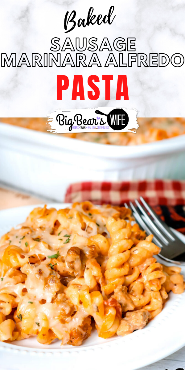 This Baked Sausage Marinara Alfredo Pasta is one of the best pasta dishes ever. This baked pasta is tossed together with just a few pantry ingredients and cooked sausage for a easy and cheap dinner!  via @bigbearswife