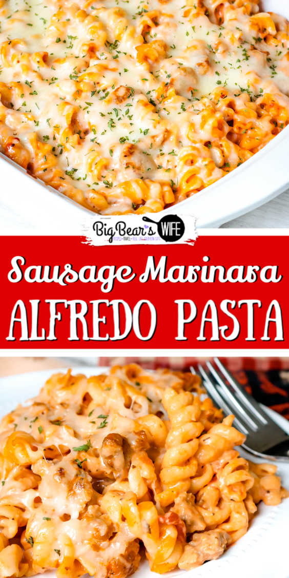 This Baked Sausage Marinara Alfredo Pasta is one of the best pasta dishes ever. This baked pasta is tossed together with just a few pantry ingredients and cooked sausage for a easy and cheap dinner!  via @bigbearswife