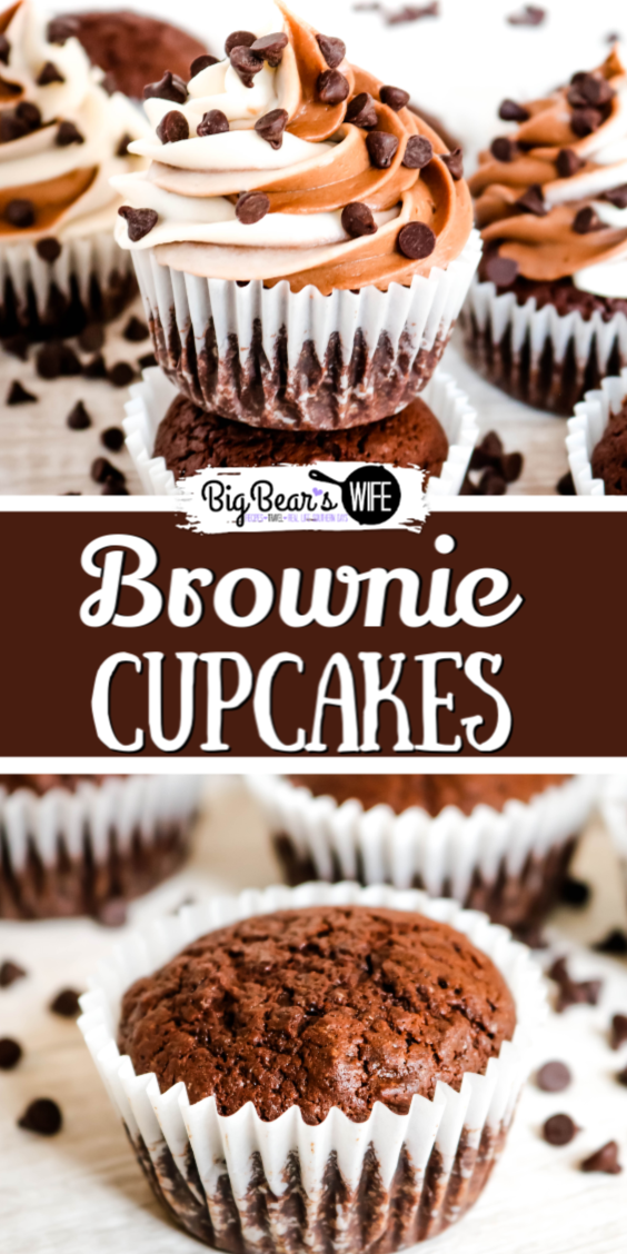 Brownie Cupcakes - Fan of frosted brownies? Then these Brownie Cupcakes are going to be your new favorite recipe. Start with a chocolate brownie base and top it with a tasty cream cheese vanilla and chocolate combo swirl frosting. Sprinkled with mini chocolate chips, it’s a portable, and less messy, frosted brownie to-go! via @bigbearswife