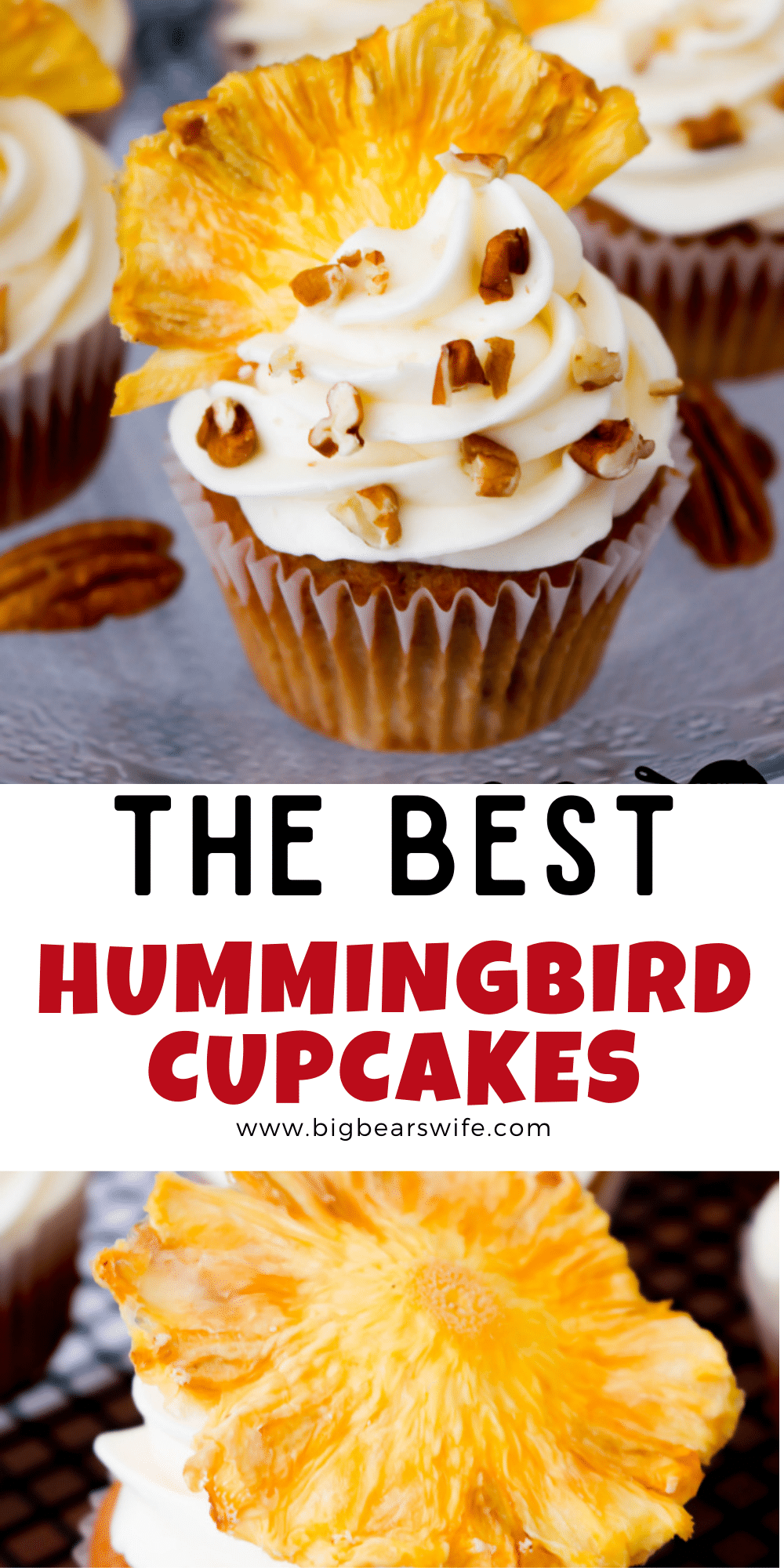 All the classic flavors of a hummingbird cake, no fork or plate required! These Hummingbird Cupcakes are made with a classic southern hummingbird cake batter and frosted with a homemade cream cheese frosting. They’re also topped with dried pineapple flowers and chopped pecans. Perfect for wedding showers, church dinners or summer brunches.

 via @bigbearswife