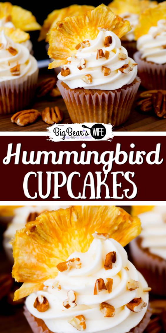 Hummingbird Cupcakes -All the classic flavors of a hummingbird cake, no fork or plate required! These Hummingbird Cupcakes are made with a classic southern hummingbird cake batter and frosted with a homemade cream cheese frosting. They’re also topped with dried pineapple flowers and chopped pecans. Perfect for wedding showers, church dinners or summer brunches. via @bigbearswife