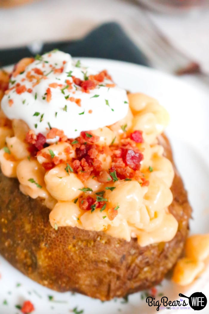 Calling all carb lovers!!! These Loaded Mac and Cheese Stuffed Baked Potatoes might be the best stuffed baked potatoes ever. Homemade Mac and cheese stuffed into a freshly baked potato is a carb lover's dream come true!  via @bigbearswife