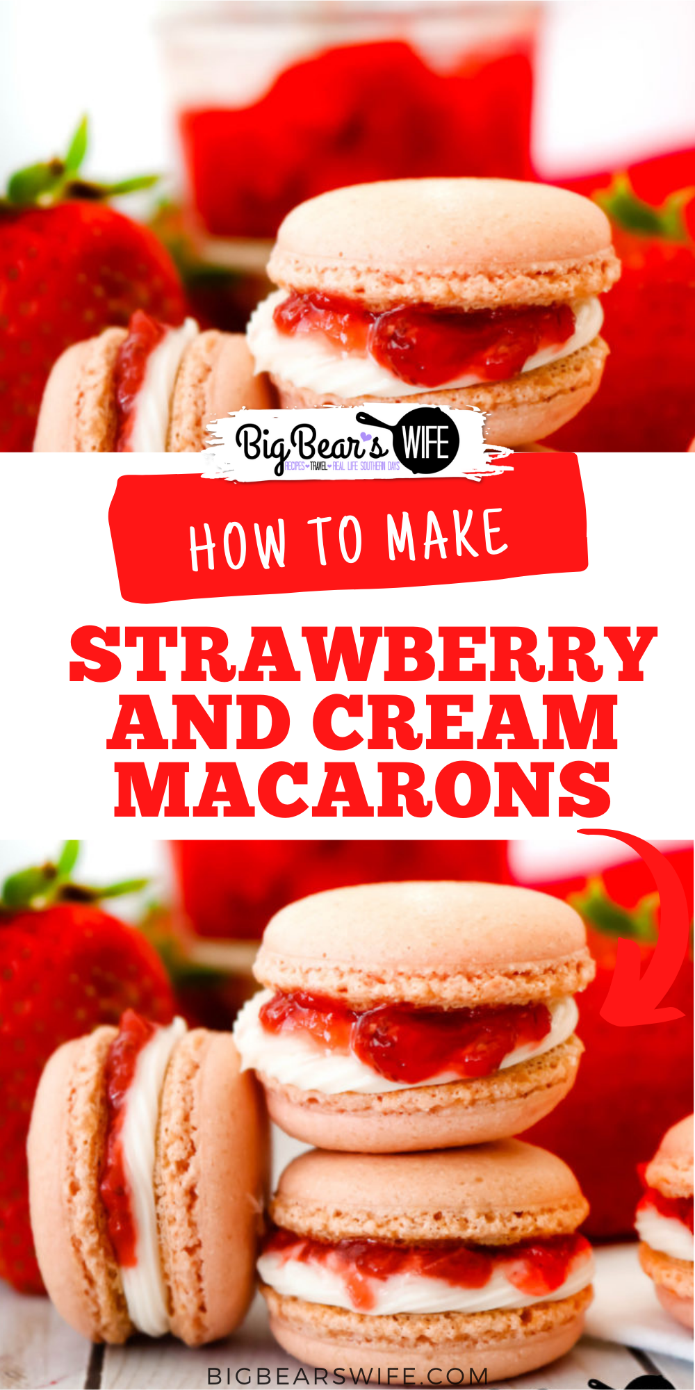 These Strawberry and Cream Macarons scream summer with their freshly made strawberry sauce centers sandwiched into the middle of homemade cream frosting. Macarons are always best if left to sit for 24 hours, but even better after 48. via @bigbearswife