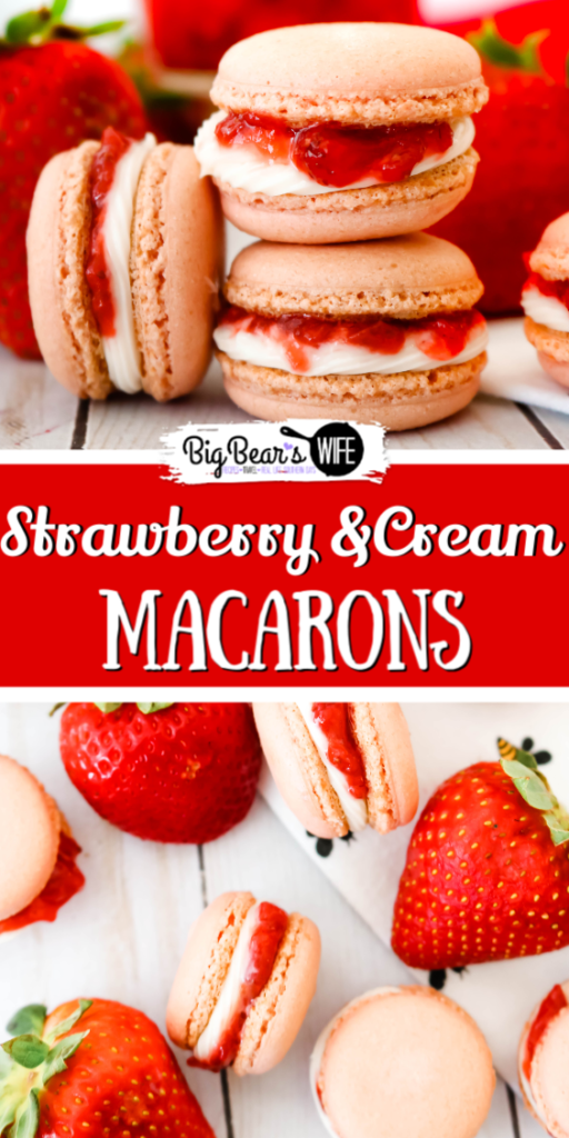 These Strawberry and Cream Macarons scream summer with their freshly made strawberry sauce centers sandwiched into the middle of homemade cream frosting. Macarons are always best if left to sit for 24 hours, but even better after 48.