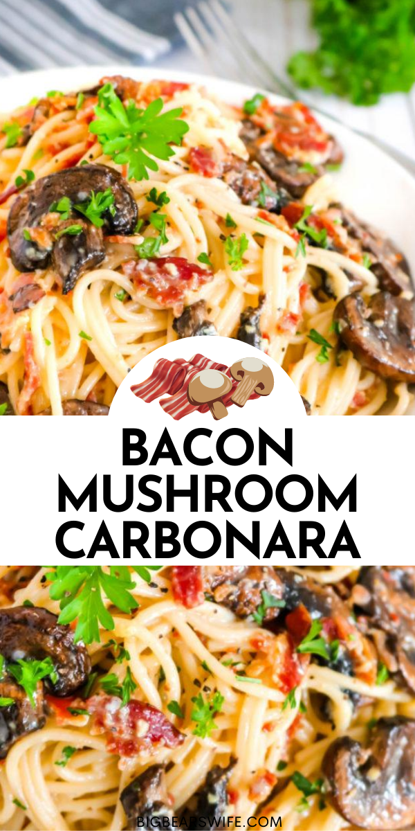 Bacon Mushroom Carbonara - This Bacon Mushroom Carbonara is an Italian favorite that will quickly because one of your go to pasta recipes. Easy to make and positively addictive!  via @bigbearswife