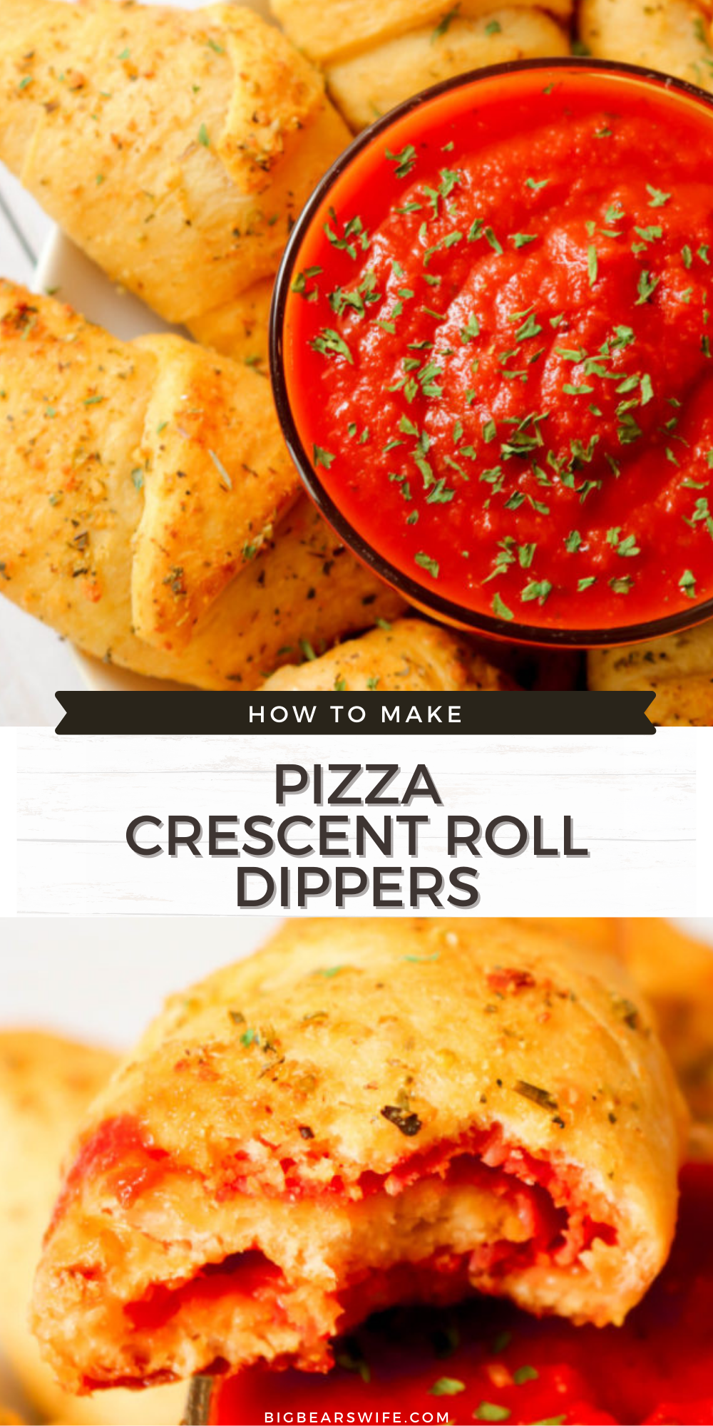 These Pizza Crescent Roll Dippers are tasty bites of pizza wrapped up in baked garlic olive oil brushed crescent rolls and dipped in marinara sauce. They make a great snack or an easy lunch or dinner! via @bigbearswife