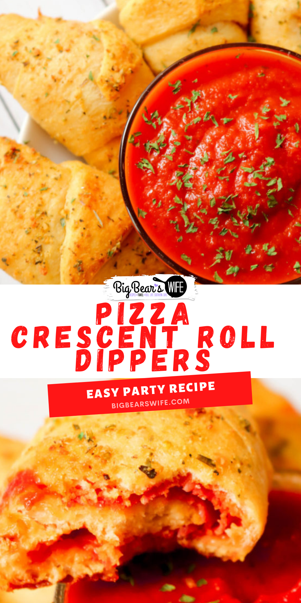 These Pizza Crescent Roll Dippers are tasty bites of pizza wrapped up in baked garlic olive oil brushed crescent rolls and dipped in marinara sauce. They make a great snack or an easy lunch or dinner! via @bigbearswife