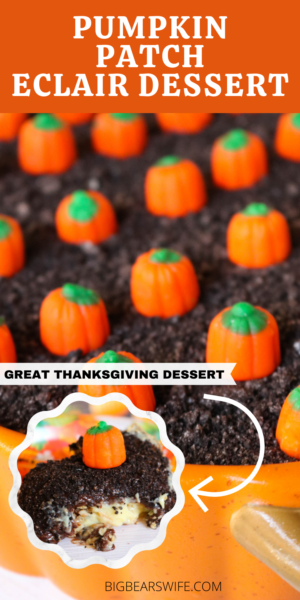 This Pumpkin Patch Eclair Dessert is perfect for any fall party, Halloween or Thanksgiving dinner! It's easy to make and one of our favorites!  via @bigbearswife