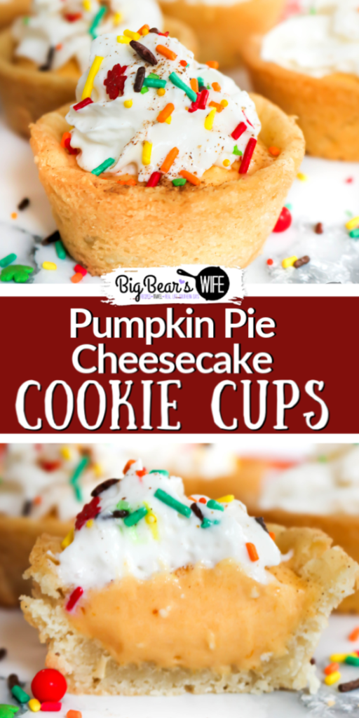 Pumpkin Pie Cheesecake Cookie Cups - These Pumpkin Pie Cheesecake Cookie Cups start off with homemade sugar cookie cups that are filled with a wonderful pumpkin pie cheesecake filling and topped with whipped cream for a cool and refreshing fall treat.