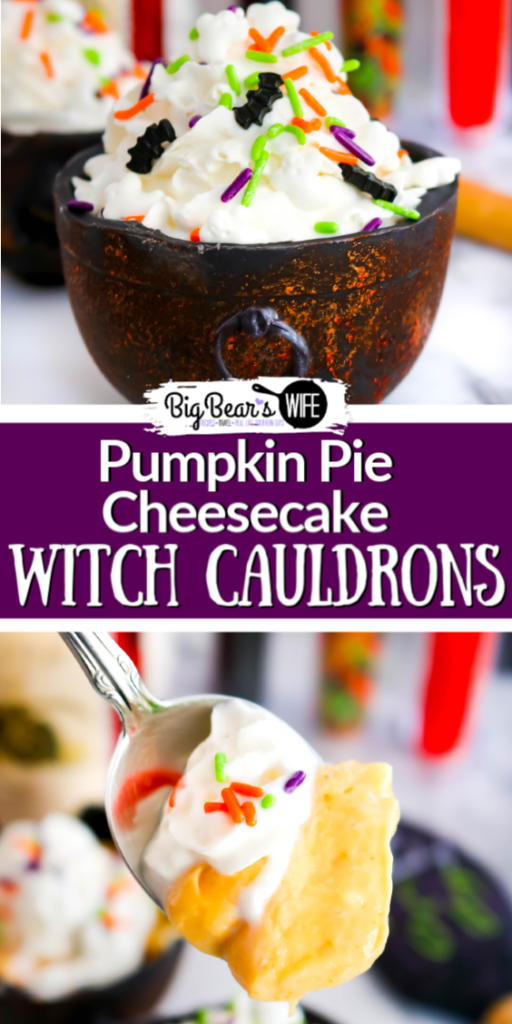 Pumpkin Pie Cheesecake Witch Cauldrons - Ready for a wicked fun Halloween dessert? These No Bake Pumpkin Pie Cheesecake Witch Cauldrons will have all of your witchy friends flying over for a bite! 