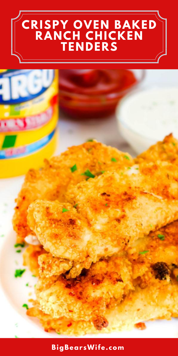 If you love ranch and chicken tenders you've found the best recipe for Crispy Baked Ranch Chicken Tenders right here! These chicken tenders are the crispiest baked chicken tenders I've ever made.  via @bigbearswife