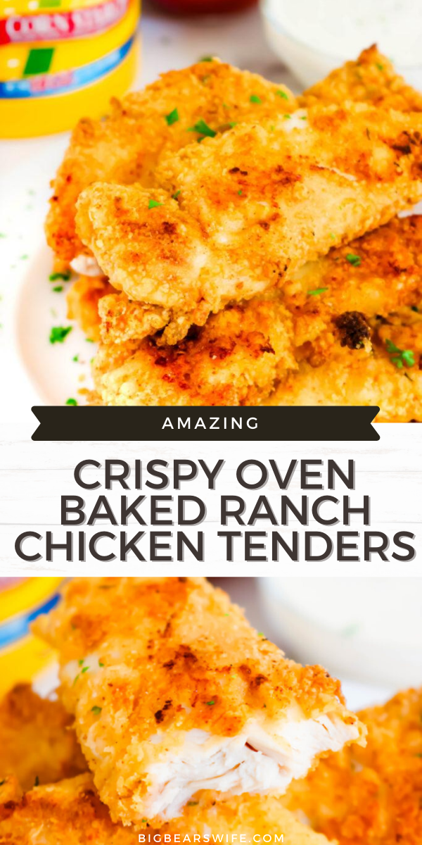 If you love ranch and chicken tenders you've found the best recipe for Crispy Baked Ranch Chicken Tenders right here! These chicken tenders are the crispiest baked chicken tenders I've ever made.  via @bigbearswife