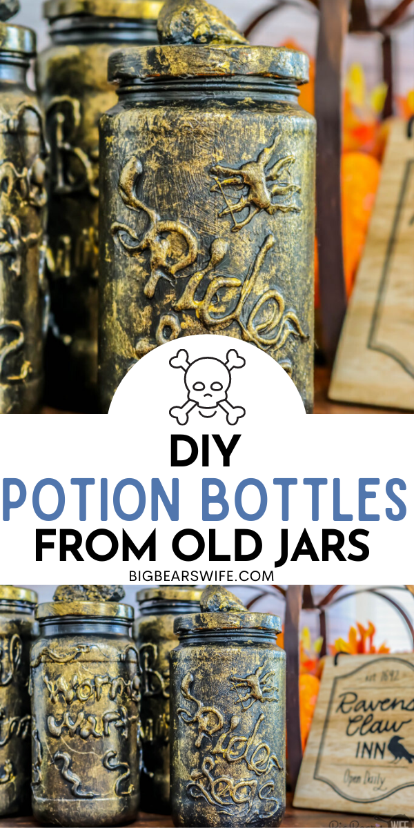 Recycle old jars into spooky Halloween decorations with this easy DIY Potion Bottles craft! Make these DIY Potion Bottles from Old Jars using clean jars, paint and a little hot glue!  via @bigbearswife