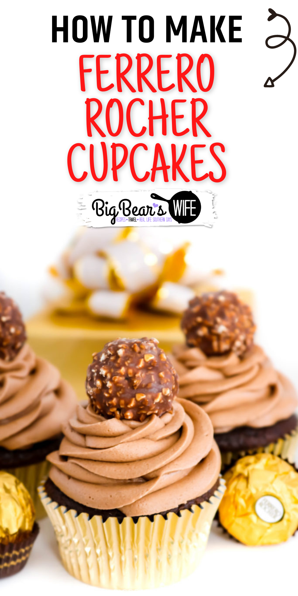 Love Ferrero Rocher Candies? Then these Ferrero Rocher Cupcakes are going to be your new favorite dessert! Homemade Chocolate cupcakes with a chocolate hazelnut frosting is topped with a Ferrero Rocher Chocolate and dressed in a gold cupcake liner for the most elegant cupcake ever.  via @bigbearswife