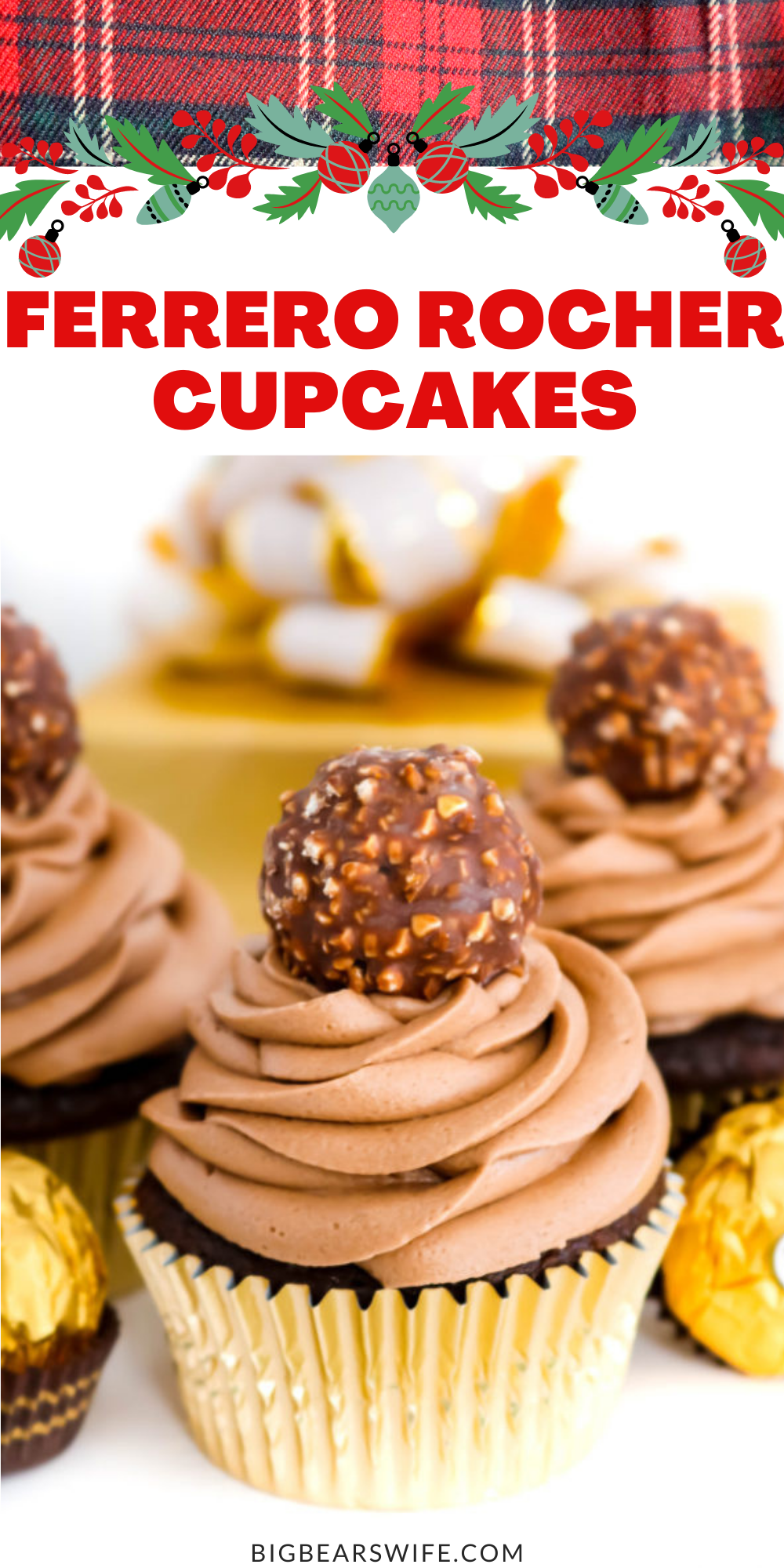 Love Ferrero Rocher Candies? Then these Ferrero Rocher Cupcakes are going to be your new favorite dessert! Homemade Chocolate cupcakes with a chocolate hazelnut frosting is topped with a Ferrero Rocher Chocolate and dressed in a gold cupcake liner for the most elegant cupcake ever.  via @bigbearswife