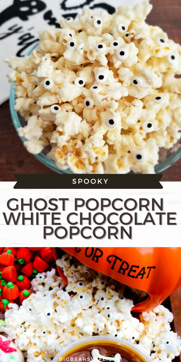 Ghost Popcorn - White Chocolate Popcorn - Perfect for Halloween Parties or Spooky lunch boxes, this Ghost Popcorn - White Chocolate Popcorn is easy to make and frightfully cute! via @bigbearswife