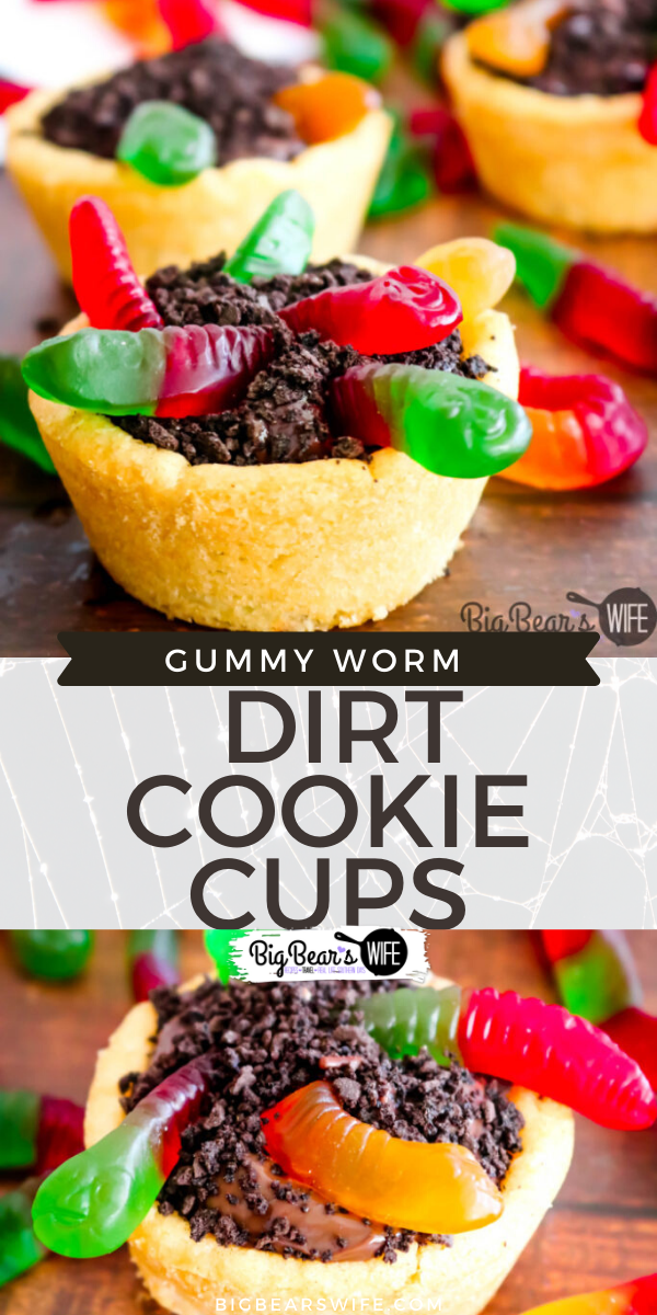 Take that classic Halloween dirt cake and turn it into fun Gummy Worm Dirt Cookie Cups with fresh baked homemade sugar cookie cups and chocolate pudding!  via @bigbearswife