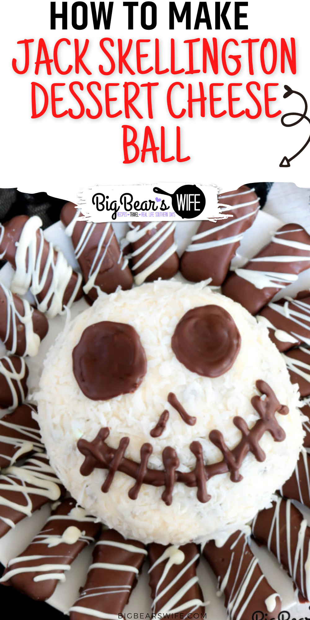 In love with The Nightmare Before Christmas and Dessert? Well this Jack Skellington Dessert Cheese Ball is for you! The Pumpkin King is transformed into a frightfully tasty cheese ball for the perfect Halloween party treat! via @bigbearswife