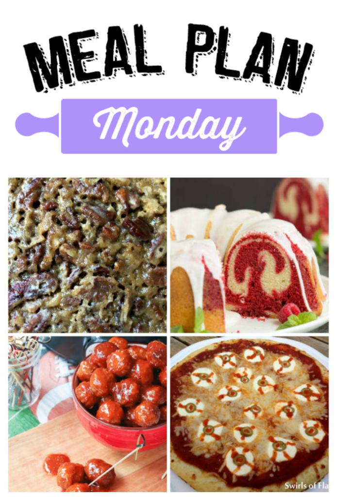 Welcome to another week of Meal Plan Monday! There are recipes for Eyeball Pizza, Crockpot Meatballs, Vanilla Red Velvet Marbled Pound Cake and Crockpot Pecan Pie! 