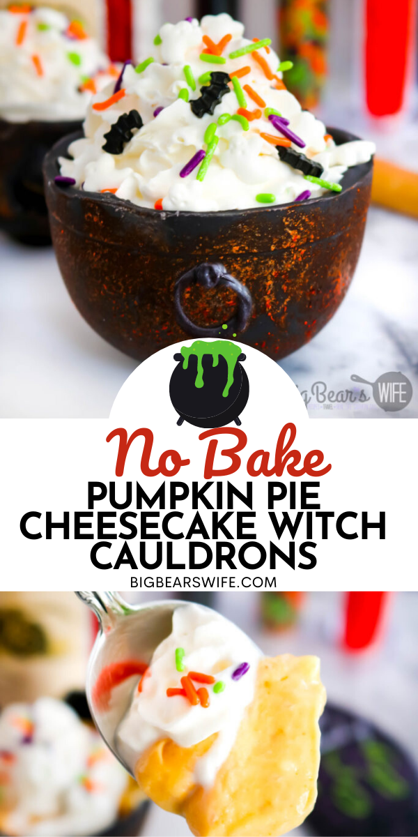 Pumpkin Pie Cheesecake Witch Cauldrons - Ready for a wicked fun Halloween dessert? These No Bake Pumpkin Pie Cheesecake Witch Cauldrons will have all of your witchy friends flying over for a bite!  via @bigbearswife