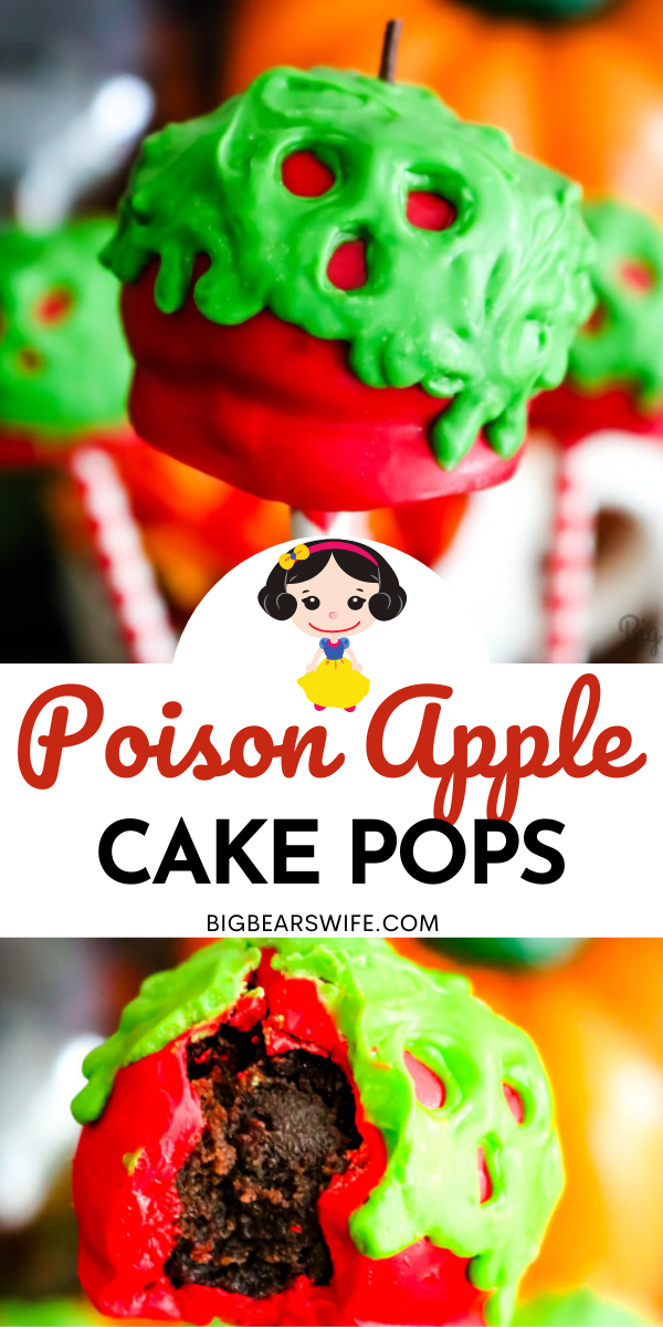Poison Apple Cake Pops -  The Evil Queen is at it again with these Poison Apple Cake Pops! Perfect for Halloween parties, easy to decorate and great for topping cupcakes or cakes!  via @bigbearswife