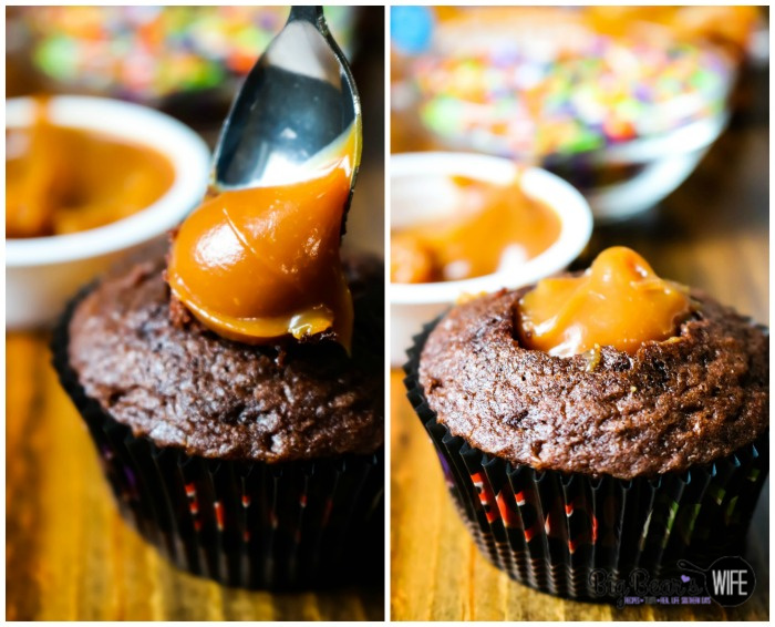 Adding Caramel Dip to Chocolate Cupcake