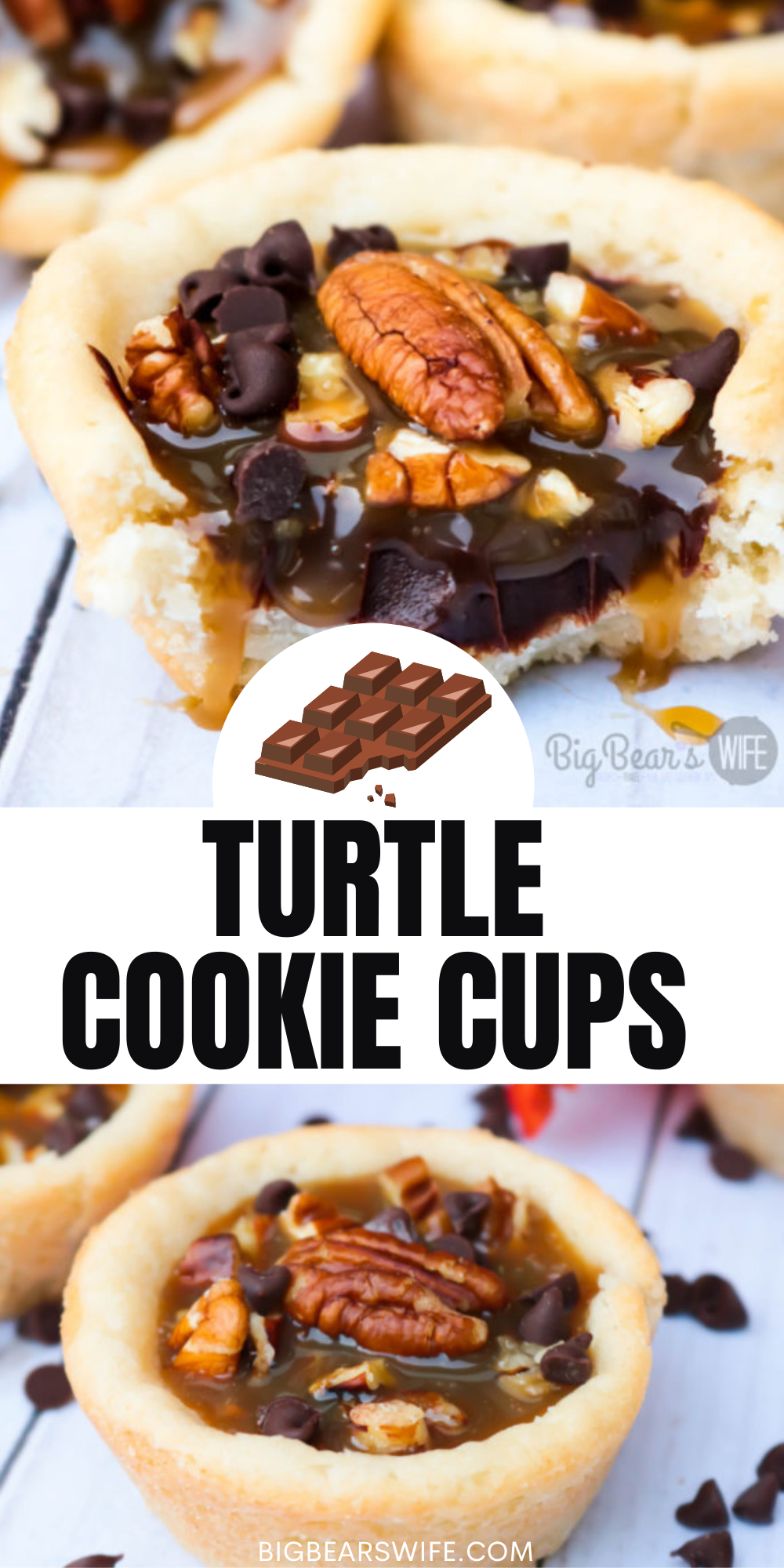 Easy, portable and delicious – these Turtle Cookie Cups are a dessert for any occasion. These delicious sugar cookie cups are filled with a homemade chocolate ganache, a layer of chopped pecans and topped with a sweet caramel sauce for a tasty, must-try treat. via @bigbearswife
