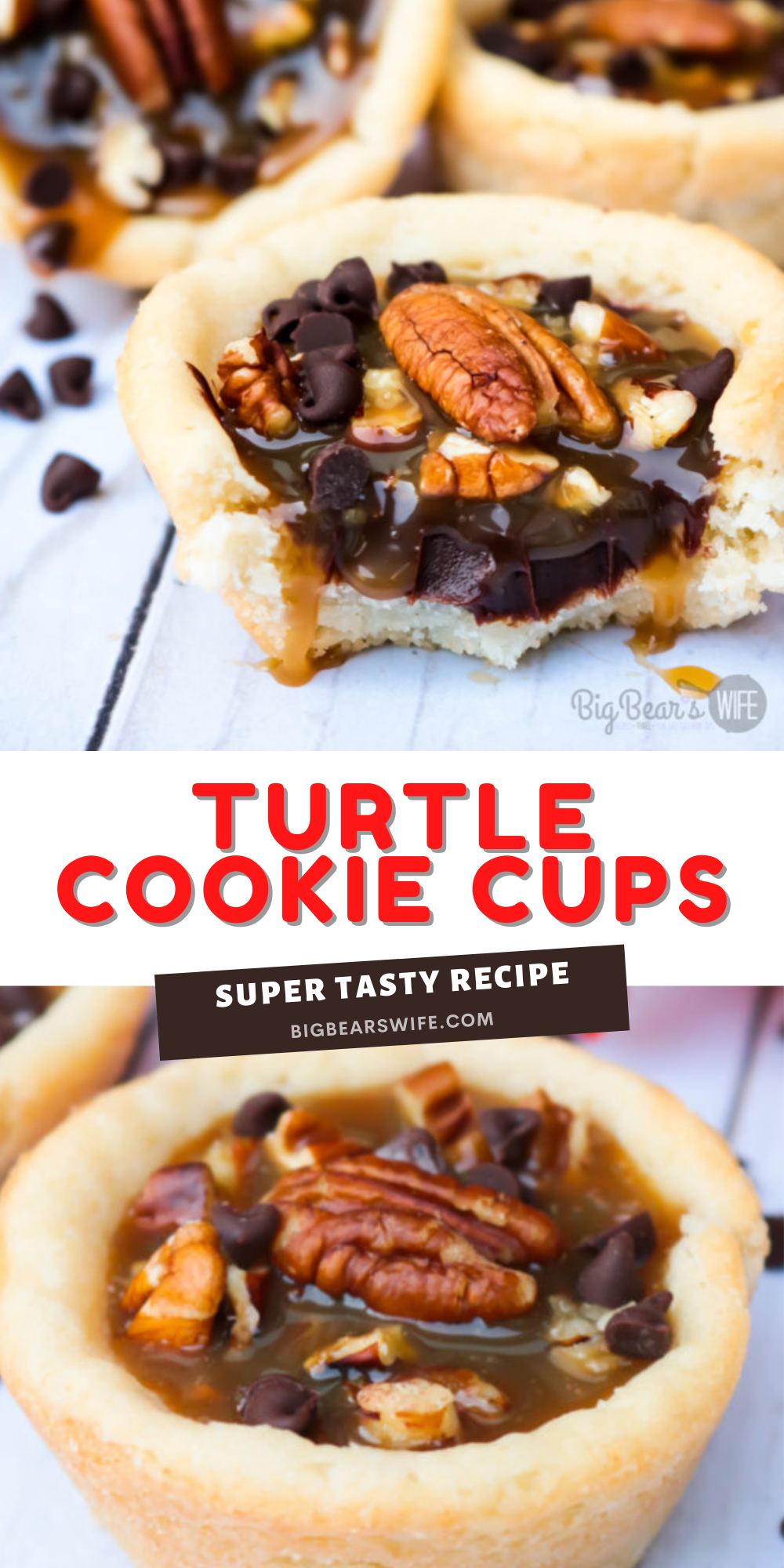 Easy, portable and delicious – these Turtle Cookie Cups are a dessert for any occasion. These delicious sugar cookie cups are filled with a homemade chocolate ganache, a layer of chopped pecans and topped with a sweet caramel sauce for a tasty, must-try treat. via @bigbearswife