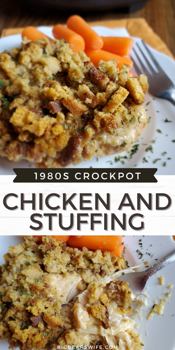 This Slow Cooker Crockpot Chicken and Stuffing recipe reminds me of a meal that my mom would have made when I was growing up! Toss a few easy ingredients into the slow cooker and dinner will be ready without much work at all! This 1980s Slow Cooker Chicken and Stuffing only takes about 5 minutes to toss together!  via @bigbearswife
