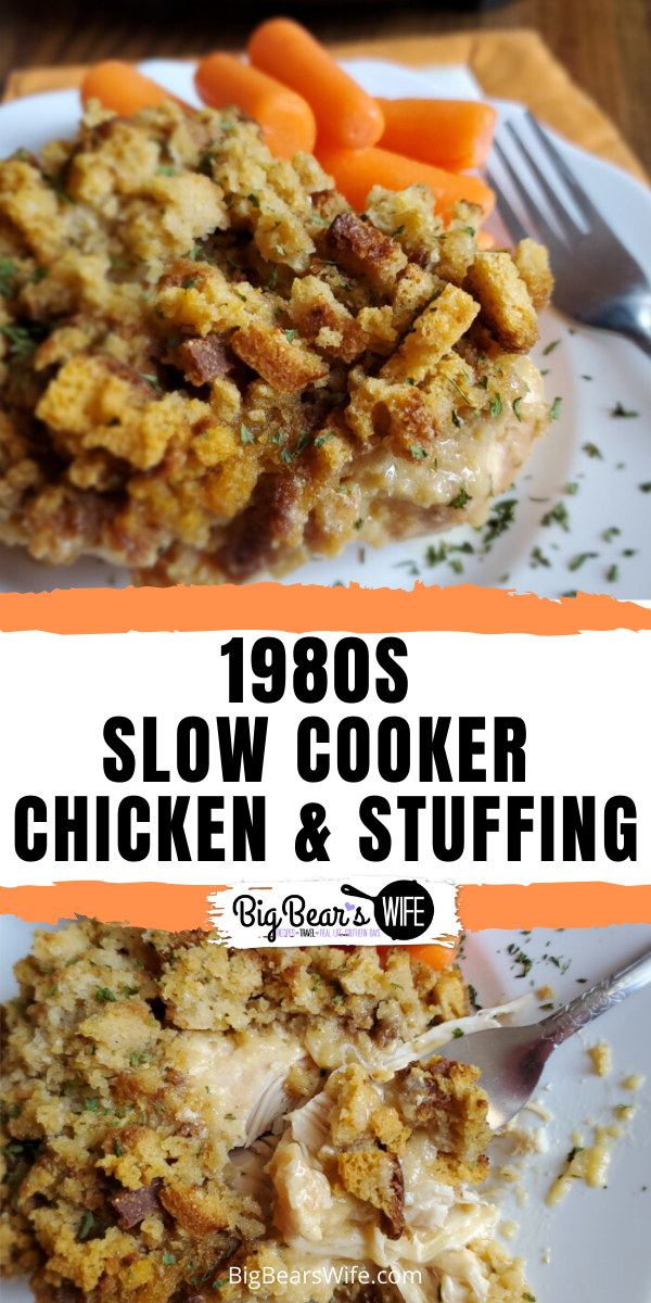 This Slow Cooker Chicken and Stuffing recipe reminds me of a meal that my mom would have made when I was growing up! Toss a few easy ingredients into the slow cooker and dinner will be ready without much work at all! This 1980s Slow Cooker Chicken and Stuffing only takes about 5 minutes to toss together!  via @bigbearswife