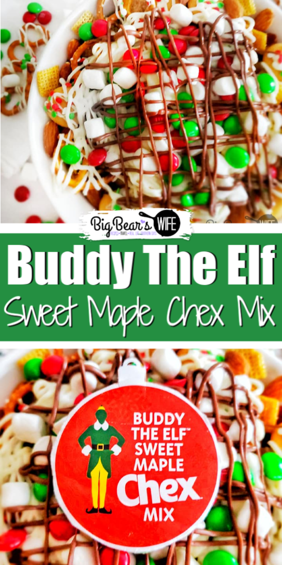 Buddy The Elf™ Sweet Maple Chex™ Mix - A Chex mix version of Buddy the Elf's Breakfast Spaghetti! Maple-sweetened Chex, Cinnamon Chex, mini cookies and pretzels get topped with white chocolate “spaghetti, M&Ms and mini marshmallows. Don't forget the melted chocolate for the "Chocolate Syrup" drizzle! via @bigbearswife