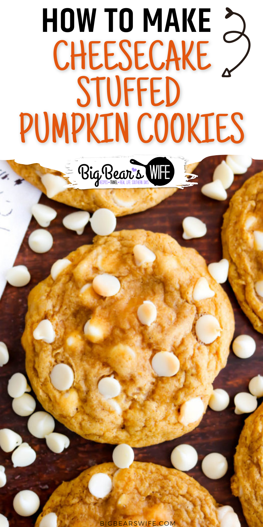 These Cheesecake Stuffed Pumpkin Cookies are soft and chewy with a cheesecake stuffed center. Plus they're made with pumpkin, pumpkin spice and white chocolate chips which makes them the perfect fall cookie! via @bigbearswife