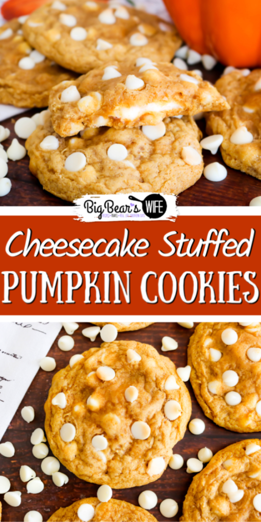 Cheesecake Stuffed Pumpkin Cookies - These Cheesecake Stuffed Pumpkin Cookies are soft and chewy with a cheesecake stuffed center. Plus they're made with pumpkin, pumpkin spice and white chocolate chips which makes them the perfect fall cookie!