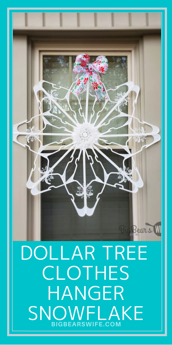 These Giant Snowflakes are so easy to make and they're made using items from Dollar Tree! In this post I'll show you How to make a Dollar Tree Plastic Clothes Hanger Snowflake for $5! via @bigbearswife