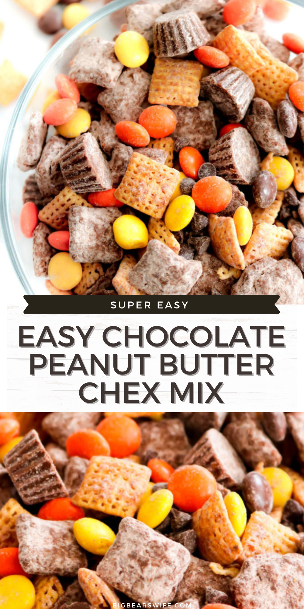 This Chocolate Peanut Butter Chex Mix is what dreams are made of! It's packed with tons of chocolate and peanut butter including peanut butter cereal, mini peanut butter cups and Reese's pieces! via @bigbearswife