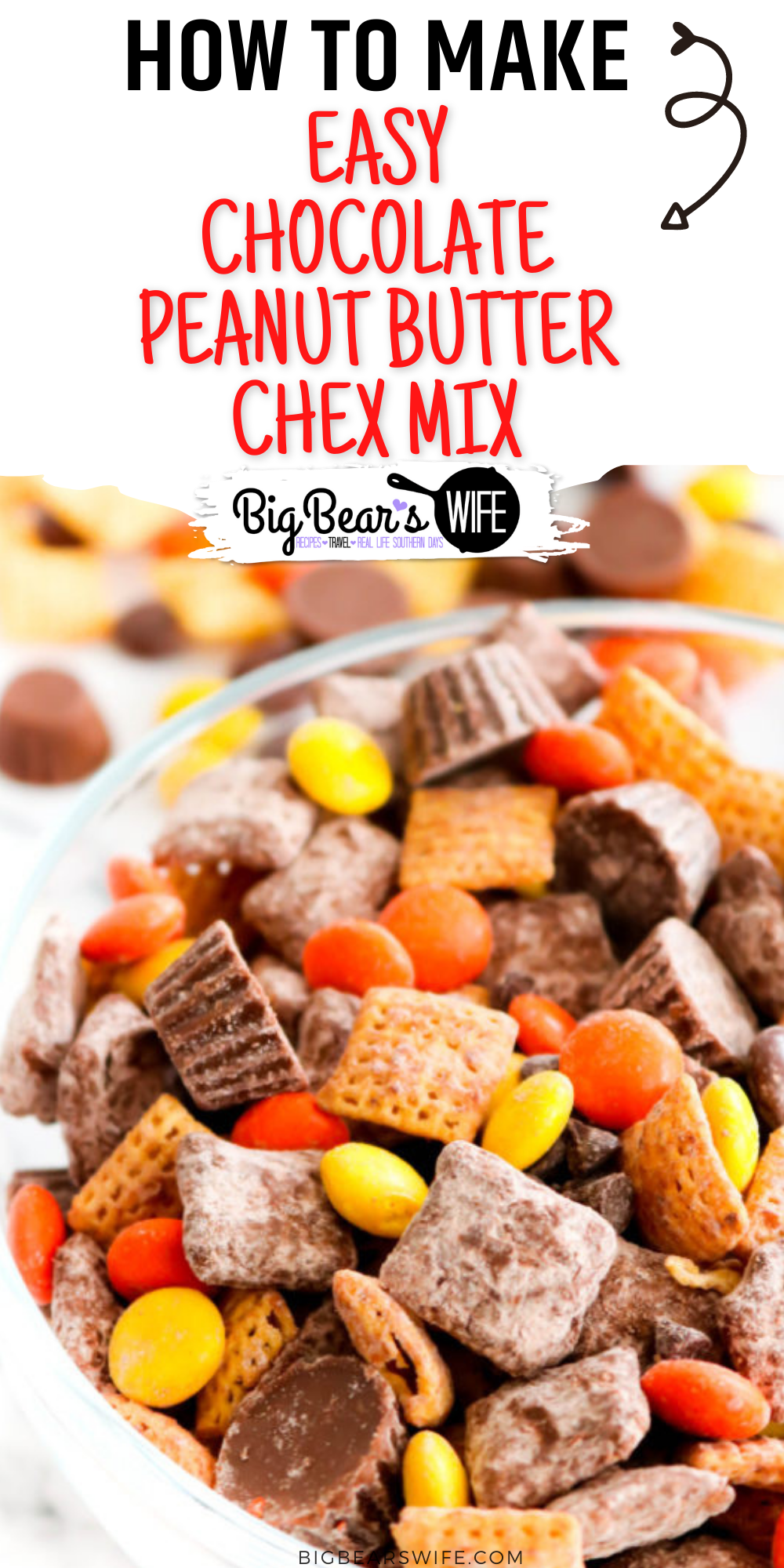 This Chocolate Peanut Butter Chex Mix is what dreams are made of! It's packed with tons of chocolate and peanut butter including peanut butter cereal, mini peanut butter cups and Reese's pieces! via @bigbearswife