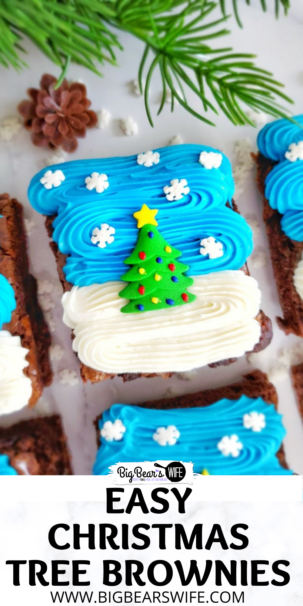 These Easy Christmas Tree Brownies are super festive and simple to make! Use your favorite brownie recipe, my recipe, a boxed mix or brownies from the bakery to create these Christmas treats! via @bigbearswife