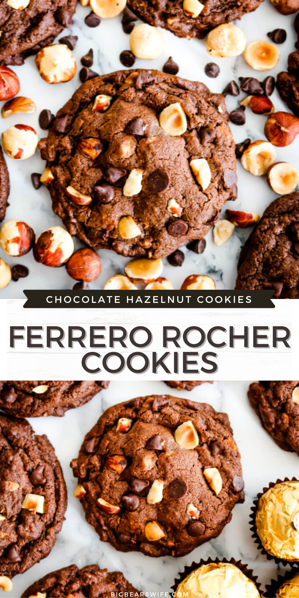 Ferrero Rocher Cookies - These delicious Ferrero Rocher Cookies take the amazing flavors of Ferrero Rocher Chocolates® and bake them into a bakery style treat. These homemade chocolate cookies are not only soft, but also packed with toasted hazelnuts and mini chocolate chips.  via @bigbearswife