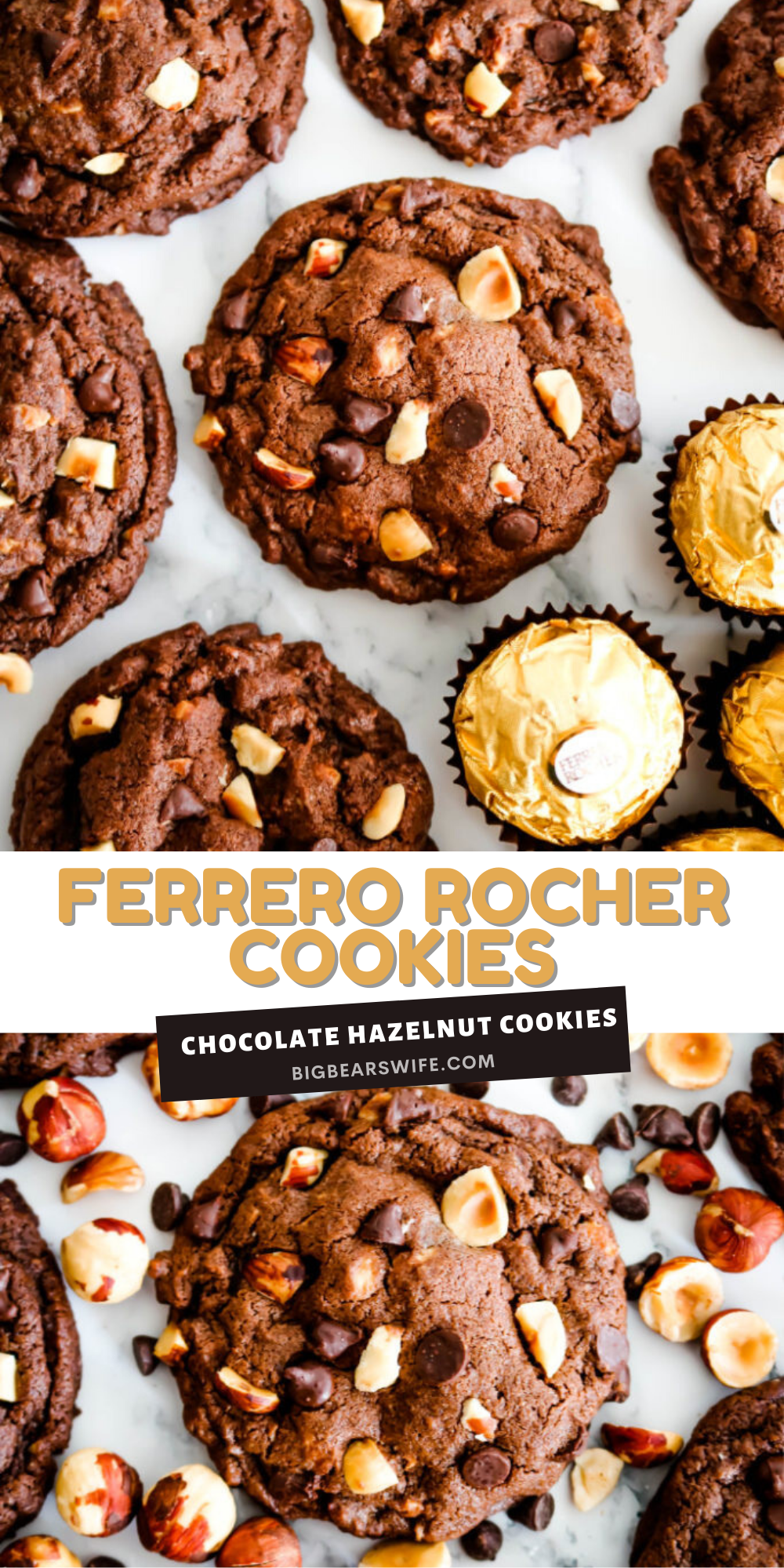 Ferrero Rocher Cookies - These delicious Ferrero Rocher Cookies take the amazing flavors of Ferrero Rocher Chocolates® and bake them into a bakery style treat. These homemade chocolate cookies are not only soft, but also packed with toasted hazelnuts and mini chocolate chips.  via @bigbearswife