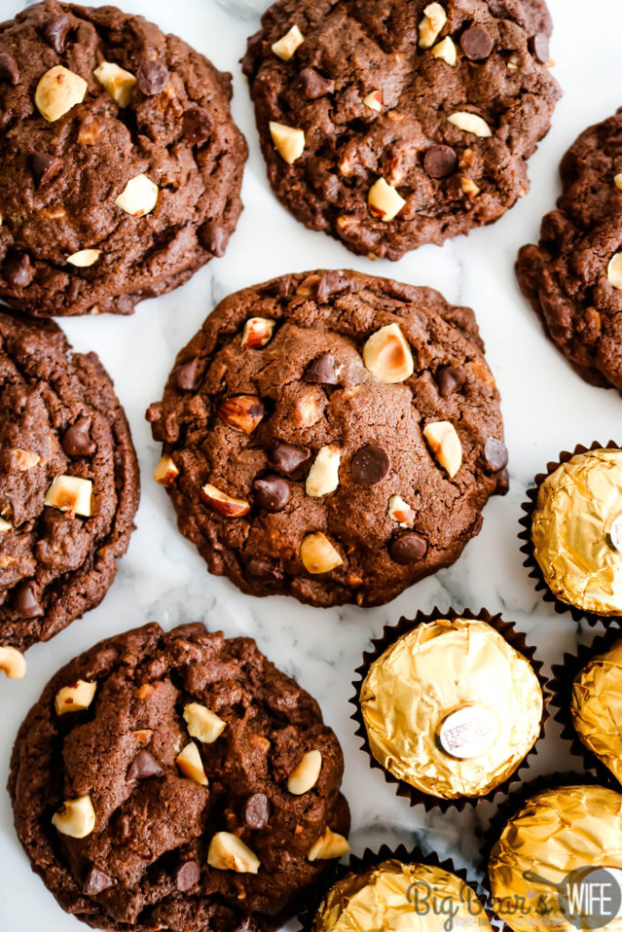 Ferrero Rocher Cookies - These delicious Ferrero Rocher Cookies take the amazing flavors of Ferrero Rocher Chocolates® and bake them into a bakery style treat. These homemade chocolate cookies are not only soft, but also packed with toasted hazelnuts and mini chocolate chips. 
