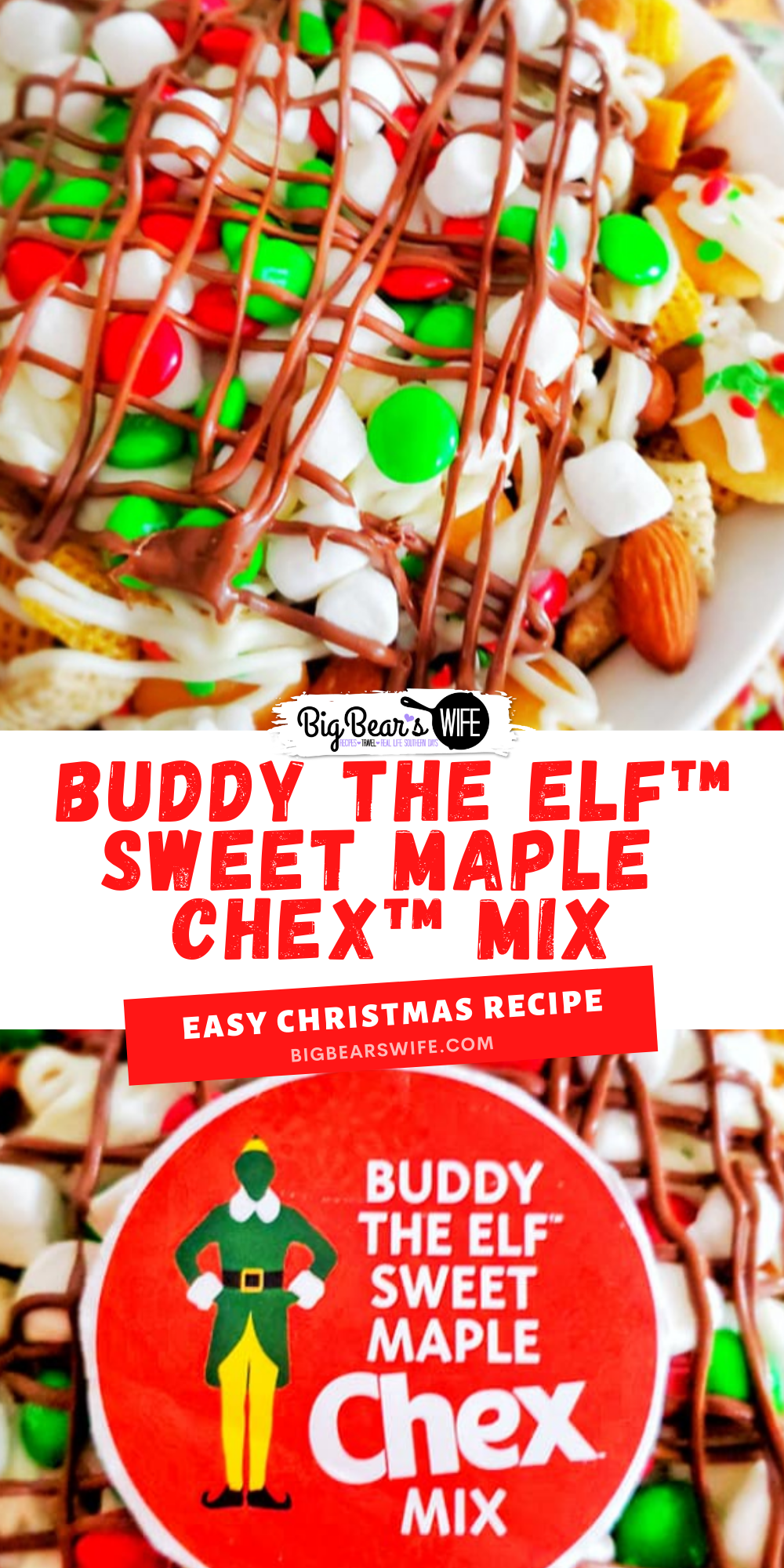 Buddy The Elf Sweet Maple Chex Mix is a chex mix version of Buddy the Elf's Breakfast Spaghetti! Maple-sweetened Chex, Cinnamon Chex, mini cookies and pretzels get topped with white chocolate “spaghetti, M&Ms and mini marshmallows. Don't forget the melted chocolate for the "Chocolate Syrup" drizzle! via @bigbearswife