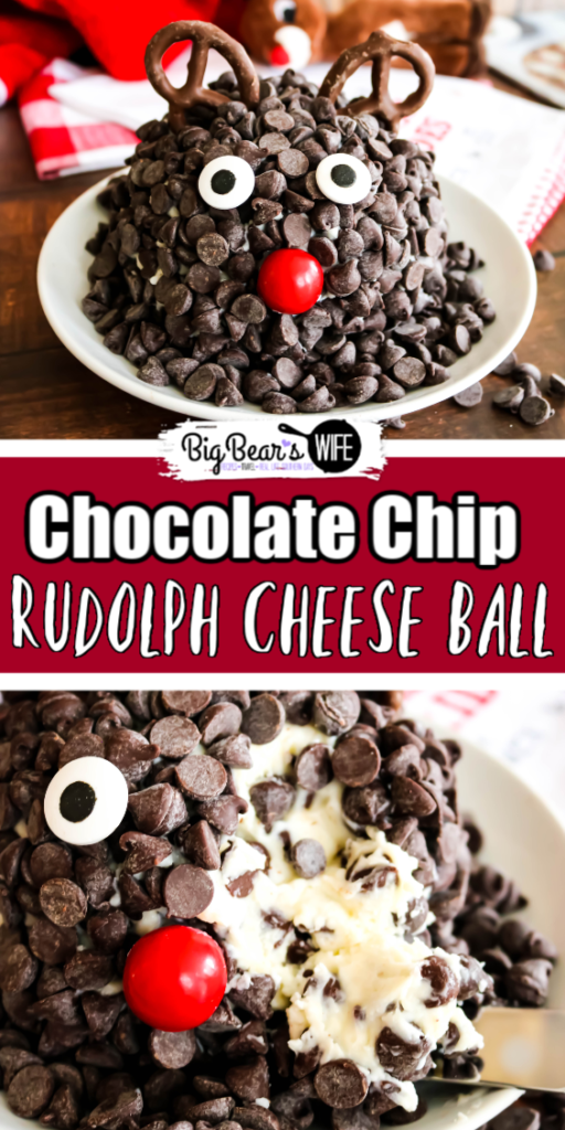 Chocolate Chip Rudolph Cheese Ball - Ready to spread some joy? Literally? This Chocolate Chip Rudolph Cheese Ball is the perfect joyful holiday dessert! A festive dessert cheeseball decorated to look like Rudolph the Red-Nosed Reindeer.