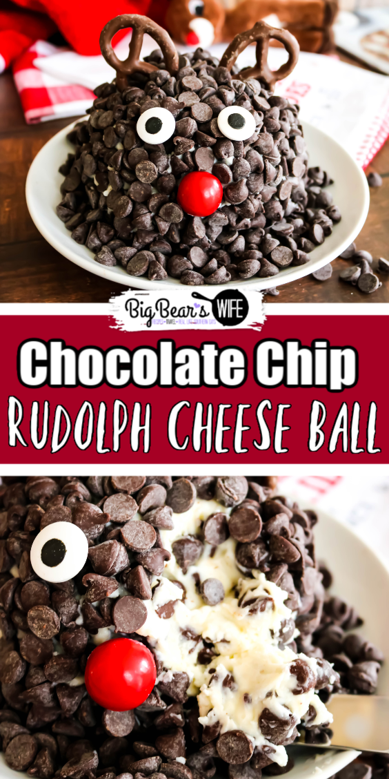 Chocolate Chip Rudolph Cheese Ball - Ready to spread some joy? Literally? This Chocolate Chip Rudolph Cheese Ball is the perfect joyful holiday dessert! A festive dessert cheeseball decorated to look like Rudolph the Red-Nosed Reindeer. via @bigbearswife