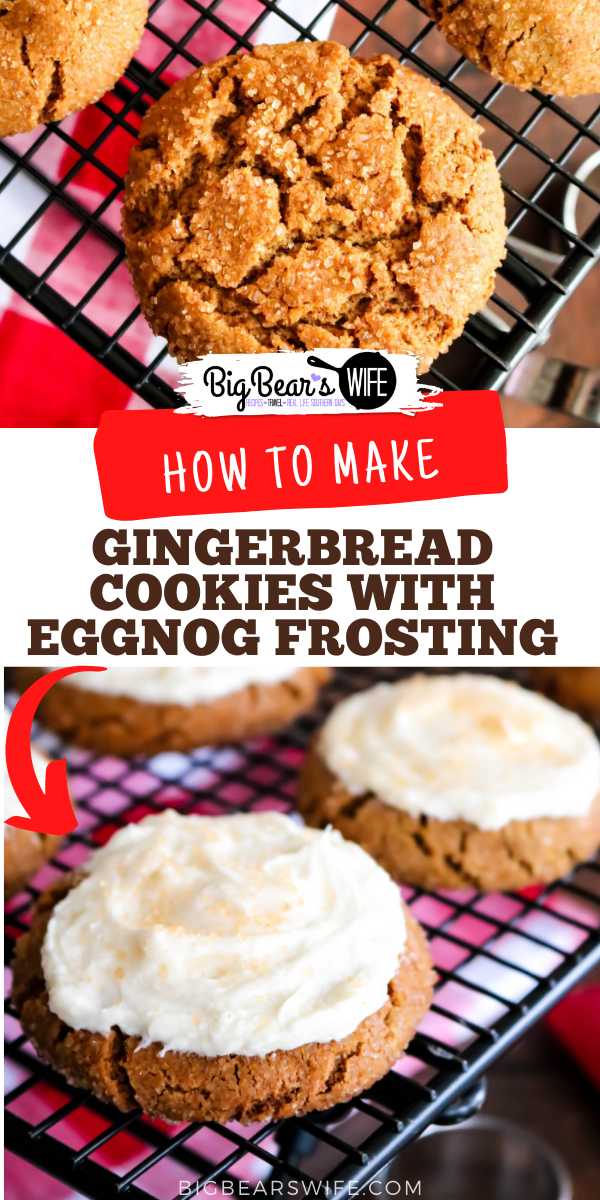 These Gingerbread Cookies are soft on the inside with a sugar coated crunch on the outside! They’re packed full of warm spices and topped with a homemade eggnog frosting to create the perfect holiday cookie! via @bigbearswife
