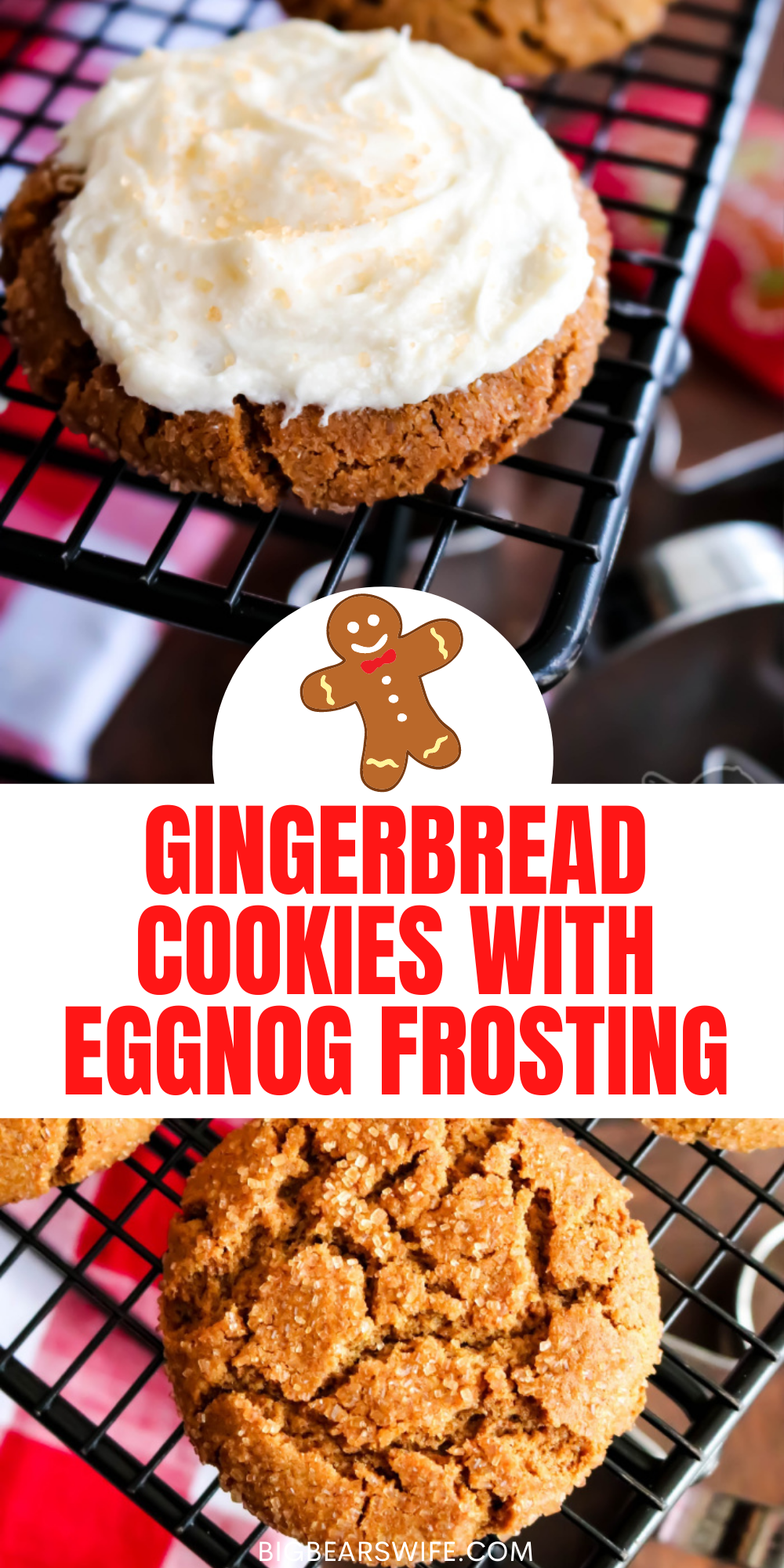 These Gingerbread Cookies are soft on the inside with a sugar coated crunch on the outside! They’re packed full of warm spices and topped with a homemade eggnog frosting to create the perfect holiday cookie! via @bigbearswife